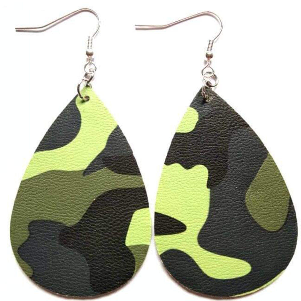 Green Camo Leather Teardrop Earrings